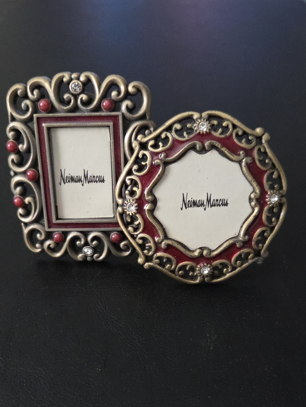 Vintage Jay Strongwater Neiman Marcus Red & Antique Gold Filigree Mini Frame Duo